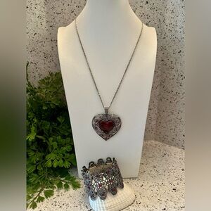 Vintage look Red Heart necklace and bracelet in antique silver tone